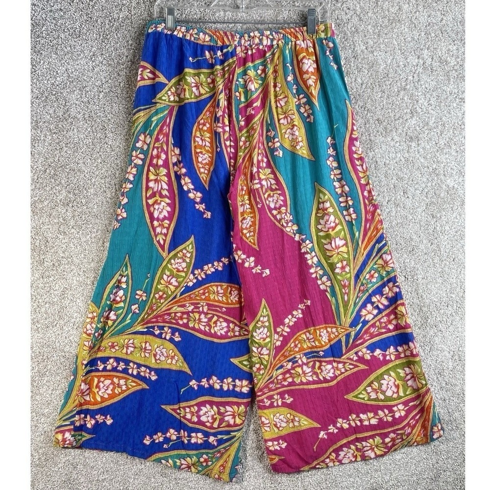 Haute Hippie Style Pants Womens L Multicolor Floral Wide Leg Rayon Boho Tropical